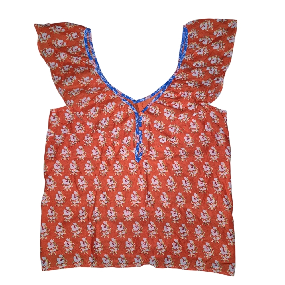 J. Crew Orange Floral Blouse with Ruffle Sleeves Women's Size Small.